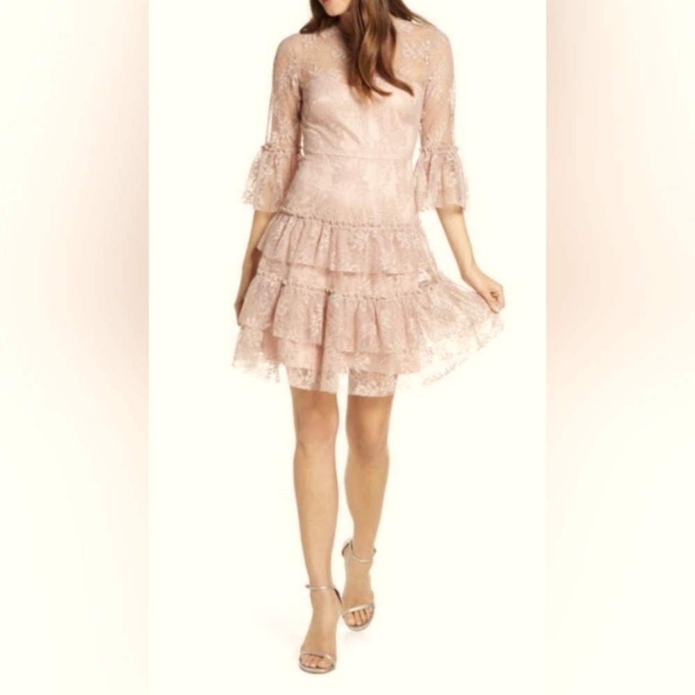 NWT Eliza J Elegant Blush Pink Floral Lace Ruffled Tiered Dress Sz 8